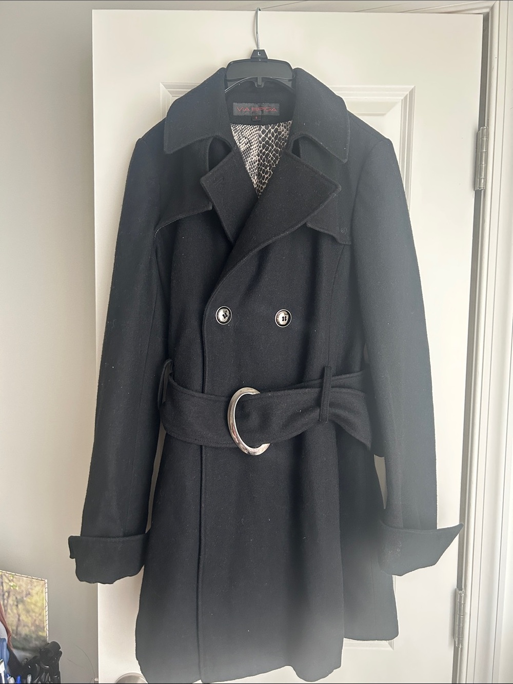 Via Spiga Black Double-Breasted Wool Trench Coat with Belt